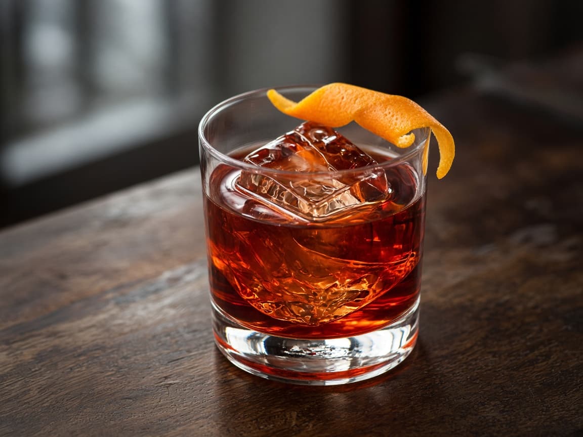 Illustrative Negroni: amber-red cocktail in a rocks glass with orange peel