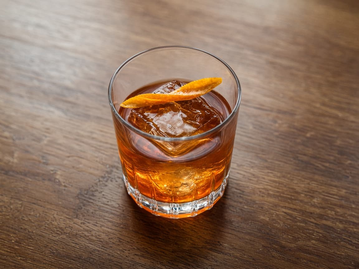 Illustrative Old Fashioned: amber whiskey cocktail in a rocks glass with orange peel