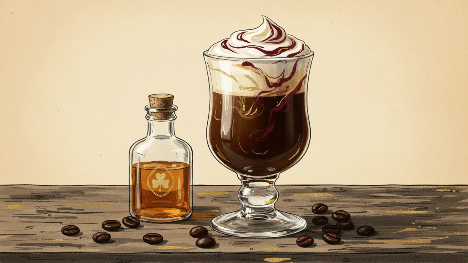 A classic Irish coffee with floating cream in a clear glass, alongside an Irish whiskey bottle and coffee beans on a wooden surface