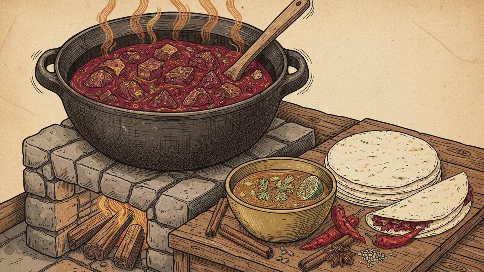 Pot of Jalisco birria stew with consomé broth and fresh dried chiles on a rustic kitchen counter