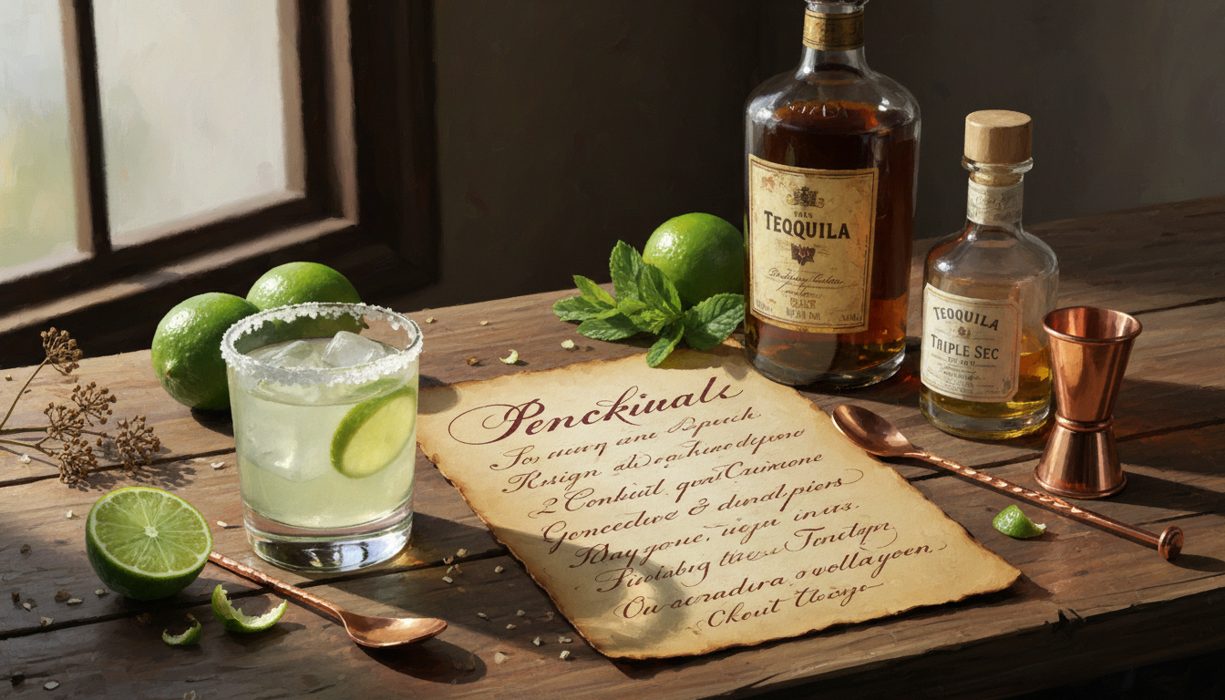 Still life of margarita cocktail with tequila bottle, lime wedges, triple sec, and a vintage cocktail recipe book on a wooden bar counter.