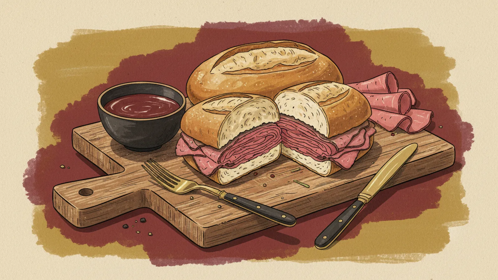 French dip sandwich with sliced roast beef and a bowl of beef jus on a wooden board