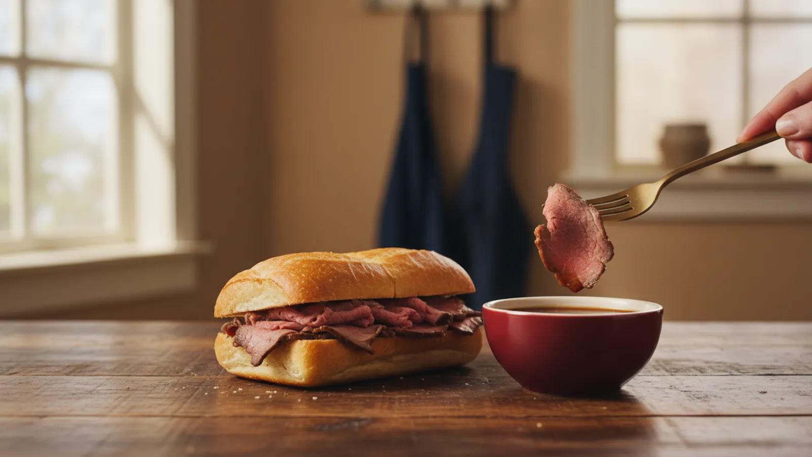 French dip sandwich with roast beef on toasted roll and bowl of beef jus